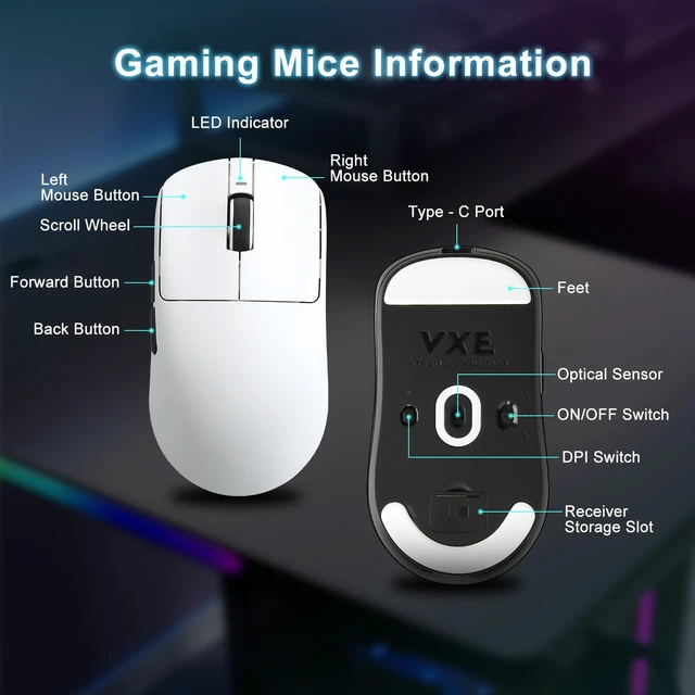 Alt view image 14 of 14 - Wireless Gaming Mouse, 18000 DPI,PAW3395 SE Sensor,55g Lightweight,Tri-Mode 2.4G/BT5.0/USB-C Mouse, Programmable Ergonomic Mice Suitable for Laptops/PC/Mac (White)