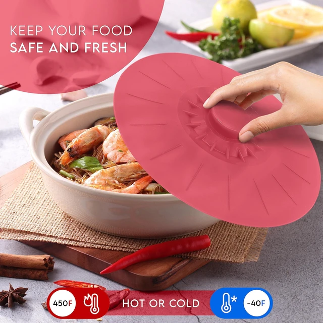 Alt view image 9 of 14 - Silicone Bowl Lids Red, Set of 5 Reusable Suction Seal Covers for Bowls, Pots, Cups. Food Safe Natural grip, interlocking handles for easy use and storage.