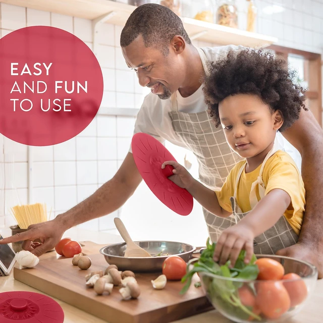 Alt view image 11 of 14 - Silicone Bowl Lids Red, Set of 5 Reusable Suction Seal Covers for Bowls, Pots, Cups. Food Safe Natural grip, interlocking handles for easy use and storage.