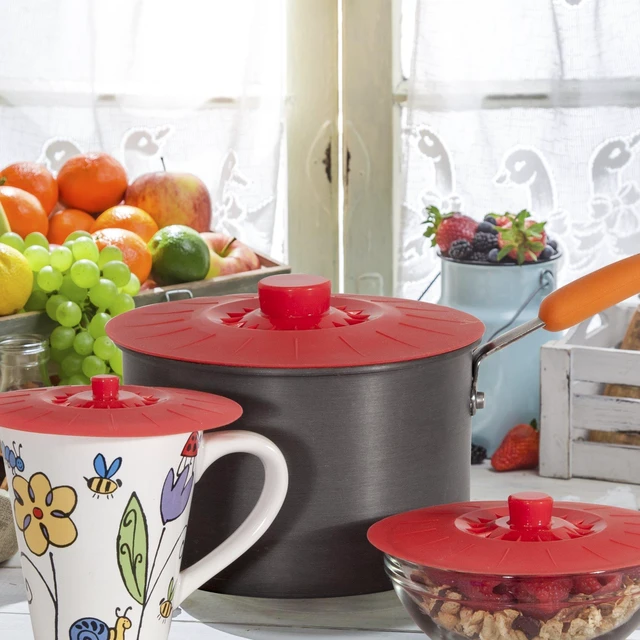 Alt view image 14 of 14 - Silicone Bowl Lids Red, Set of 5 Reusable Suction Seal Covers for Bowls, Pots, Cups. Food Safe Natural grip, interlocking handles for easy use and storage.