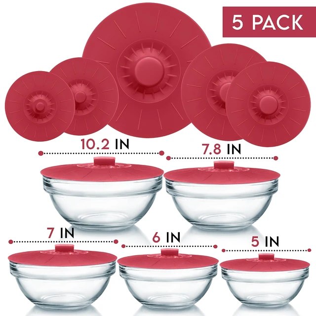 Alt view image 13 of 14 - Silicone Bowl Lids Red, Set of 5 Reusable Suction Seal Covers for Bowls, Pots, Cups. Food Safe Natural grip, interlocking handles for easy use and storage.