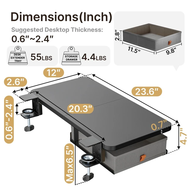 Alt view image 13 of 14 - Desk Extender Tray, 24" x 12", with Storage Drawer, Medium, Black