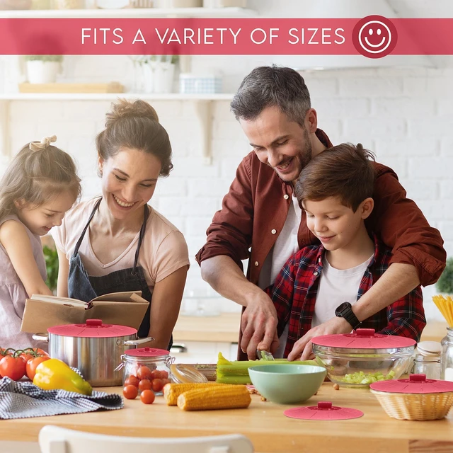 Alt view image 12 of 14 - Silicone Bowl Lids Red, Set of 5 Reusable Suction Seal Covers for Bowls, Pots, Cups. Food Safe Natural grip, interlocking handles for easy use and storage.