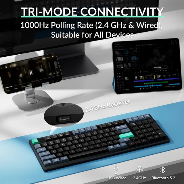 Alt view image 11 of 14 - Wireless Keyboard, 2.4 GHz/Bluetooth 96% Layout Keyboard with Numeric Keypad Silent Typing Launcher Support Ergonomic Angle Compatible with Mac Windows Linux