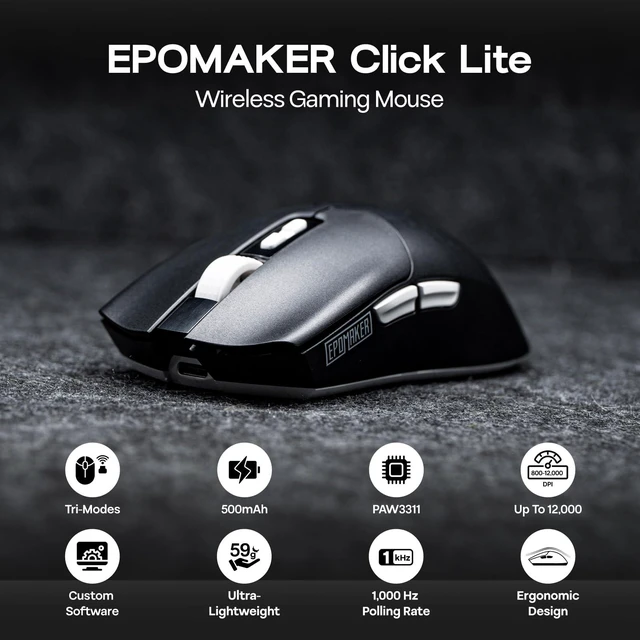 Alt view image 9 of 14 - Lite Wireless Gaming Mouse, 800 to 12,000 DPI Adjustable, PAW3311 Sensor, 500mAh, 59g, 2.4G/BT/USB-C Rechargeable Wireless Mouse with 5 Programmable Buttons for PC/Mac/Linux (Black)