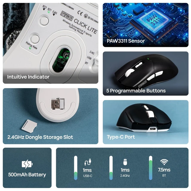 Alt view image 10 of 14 - Lite Wireless Gaming Mouse, 800 to 12,000 DPI Adjustable, PAW3311 Sensor, 500mAh, 59g, 2.4G/BT/USB-C Rechargeable Wireless Mouse with 5 Programmable Buttons for PC/Mac/Linux (Black)