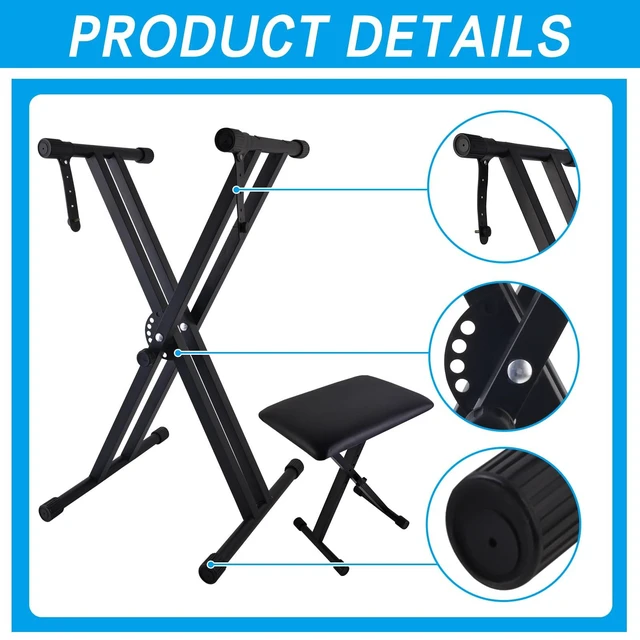 Alt view image 11 of 14 - Piano Keyboard Stand and Bench Set, Double-X Keyboard Stand Adjustable Digital Piano Stand with Lockable Straps, (Piano Keyboard Stand x 1, Piano Bench x 1), Black