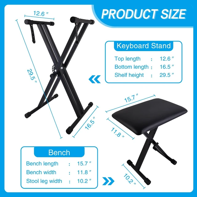 Alt view image 9 of 14 - Piano Keyboard Stand and Bench Set, Double-X Keyboard Stand Adjustable Digital Piano Stand with Lockable Straps, (Piano Keyboard Stand x 1, Piano Bench x 1), Black