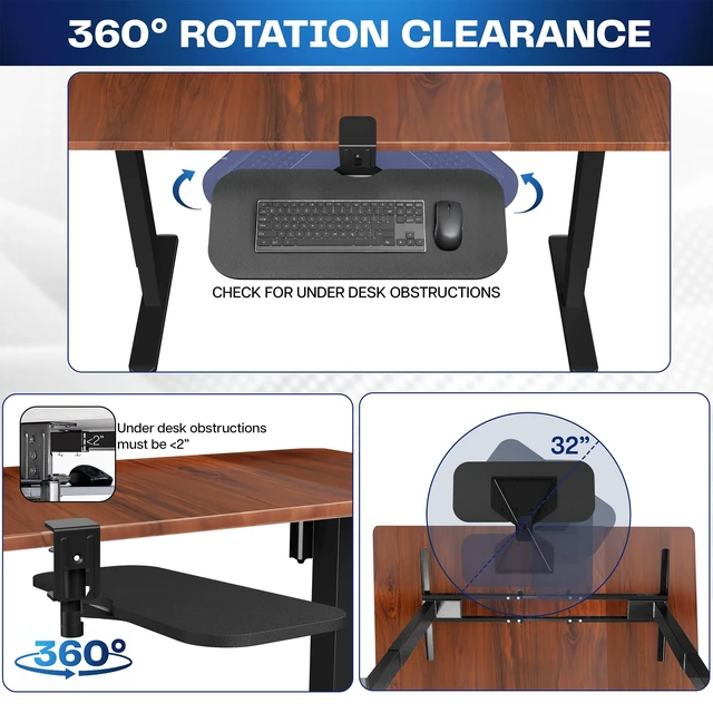 Alt view image 12 of 14 - Clamp-on 23 x 10 inch Rotating Computer Keyboard and Mouse Tray, Extra Sturdy Desk Swivel Clamp, Ergonomic Typing, Black, MOUNT-KB04CB