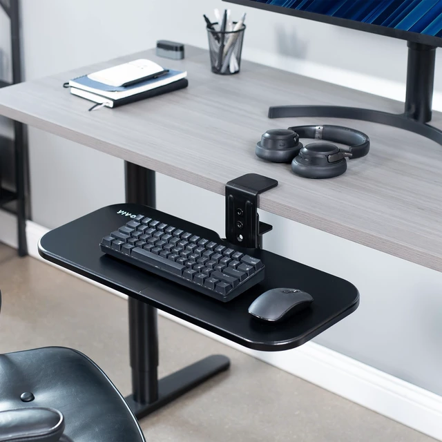 Alt view image 9 of 14 - Clamp-on 23 x 10 inch Rotating Computer Keyboard and Mouse Tray, Extra Sturdy Desk Swivel Clamp, Ergonomic Typing, Black, MOUNT-KB04CB