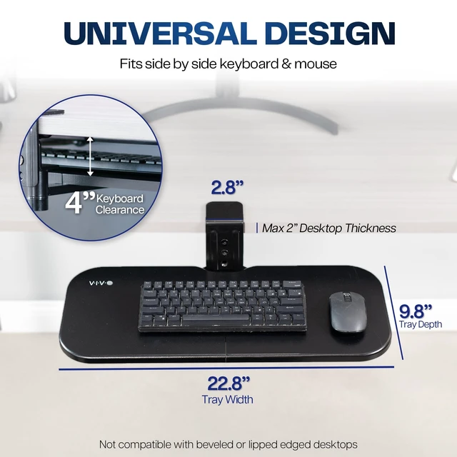 Alt view image 10 of 14 - Clamp-on 23 x 10 inch Rotating Computer Keyboard and Mouse Tray, Extra Sturdy Desk Swivel Clamp, Ergonomic Typing, Black, MOUNT-KB04CB