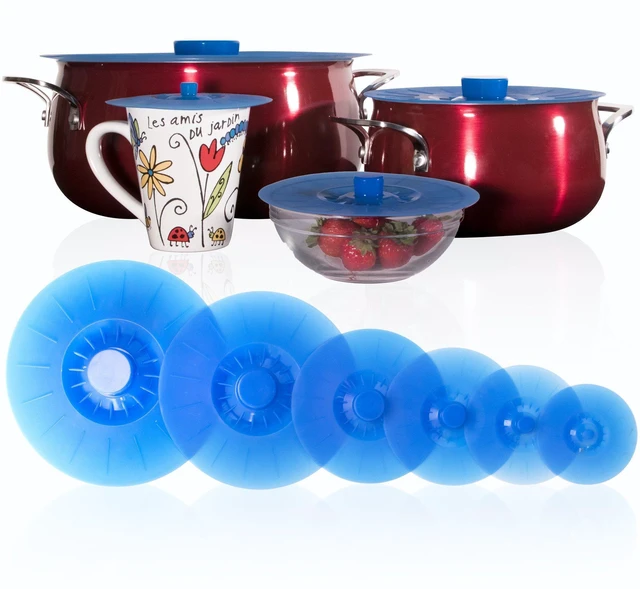 Alt view image 7 of 12 - Silicone Lids Extra Large Blue Set of 6 Sturdy Suction Seal Covers. Universal fit for Pots, Fry Pans, Cups and Bowls 5" to 12". Natural grip handles that interlock for easy use and storage. Food Safe.