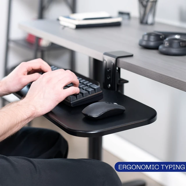 Alt view image 14 of 14 - Clamp-on 23 x 10 inch Rotating Computer Keyboard and Mouse Tray, Extra Sturdy Desk Swivel Clamp, Ergonomic Typing, Black, MOUNT-KB04CB