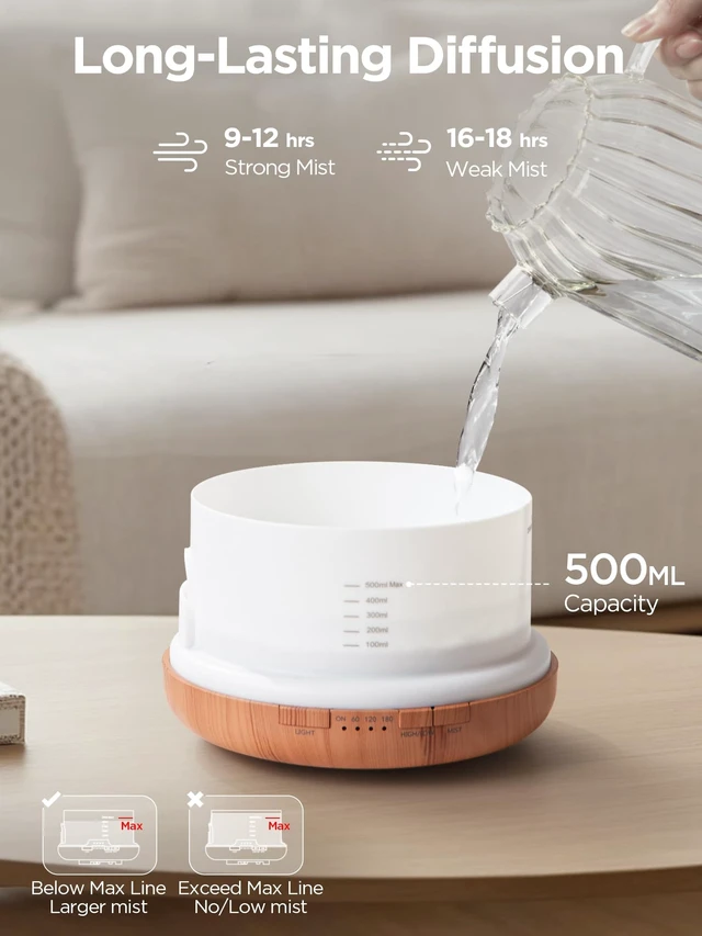 Alt view image 10 of 14 - 500ml Aromatherapy Diffuser for Home 10 Essential Oil Set, Yellow | Gift Set, Remote Control, Automatic Shut-Off, 4 Timers, Quiet, Run up to 18hrs, Cool Mist Humidifier, Large Room, Easy to Use