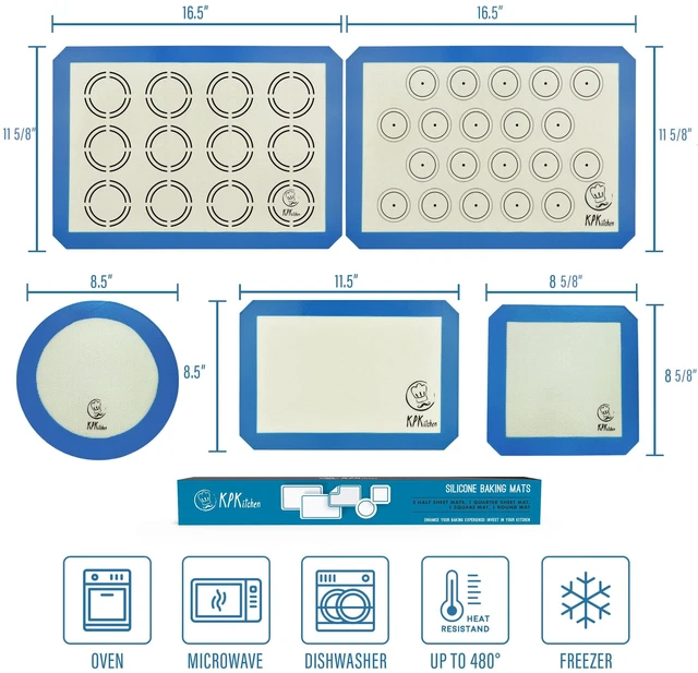Alt view image 9 of 14 - Silicone Baking Mat Set of 5-2 Half Sheets (Macaron & Cookie Circle On Mat) + 1 Quarter + 1 Round & 1 Square Size Silicone Baking Sheet - Nonstick & Easy to Clean - 100% Silicone Mats for Baking