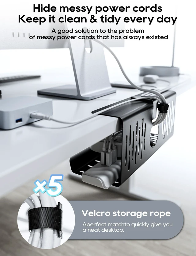 Alt view image 12 of 14 - No Drill Under Desk Cable Management Tray, 14'' Wire Management, Punch-Free Clamp on, Metal Cable Tray, Wire Organizer Under Desk, Under Desk Basket for Office and Home, Black