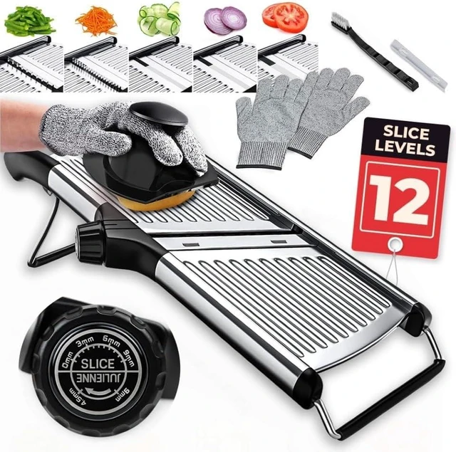 Alt view image 8 of 14 - Food Slicer, Mandoline Slicer for Kitchen, Mandolin, Potato, Tomato, Carrot, Vegetable, Fruit and Onion Cutter, Stainless Steel, INCLUDING Cut-Resistant Gloves, Black PRO