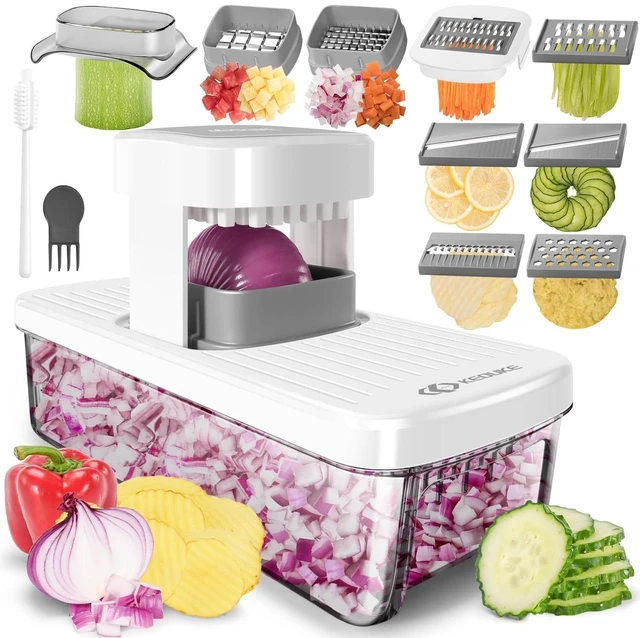 Alt view image 8 of 14 - 8-in-1 Vertical Vegetable Chopper Mandoline Slicer with Container White - Safe Tap Out Dicer with Hand Guard for Kitchen Easy Food Prep, Onion Potato Veggie Fruit