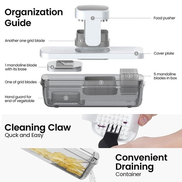 Alt view image 10 of 14 - 8-in-1 Vertical Vegetable Chopper Mandoline Slicer with Container White - Safe Tap Out Dicer with Hand Guard for Kitchen Easy Food Prep, Onion Potato Veggie Fruit