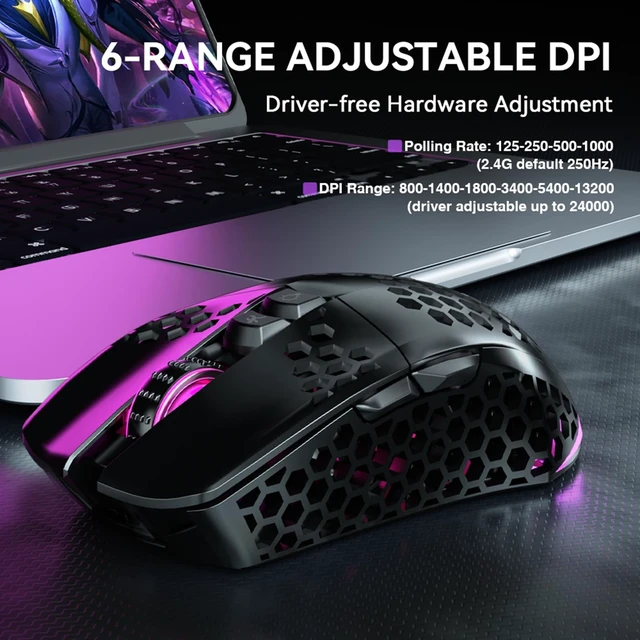 Alt view image 11 of 14 - Honeycomb Shell Gaming Mouse Wireless,Tri-Modes BT/2.4G Wireless/Type-C Wired Gamer Mouse with 2 Side Buttons, Macro Programmable and RGB Light for PC/Mac/Laptop,Black