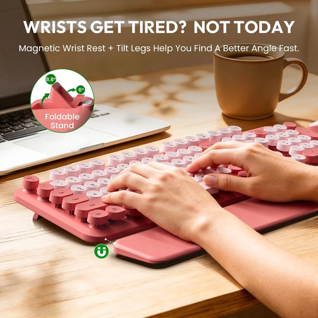 Alt view image 10 of 14 - Wireless Keyboard and Mouse Combo, Typewriter Keyboard with Magnetic Wrist Rest, Full-Size Cute Round Keycaps, Sleep Mode, 2.4G Keyboards for Mac/Windows/PC, Office or Home, Trueque CK23Pro