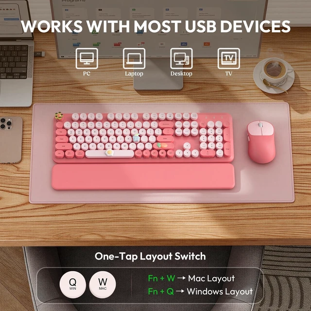 Alt view image 14 of 14 - Wireless Keyboard and Mouse Combo, Typewriter Keyboard with Magnetic Wrist Rest, Full-Size Cute Round Keycaps, Sleep Mode, 2.4G Keyboards for Mac/Windows/PC, Office or Home, Trueque CK23Pro