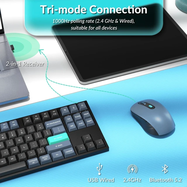Alt view image 9 of 14 - Wireless Keyboard & Mouse Combo, 2.4 GHz/Bluetooth 5.2/Wired, 80% TKL Silent Portable Ergonomic Keyboard Adjustable DPI Mouse, Unifying Receiver for macOS Windows Linux
