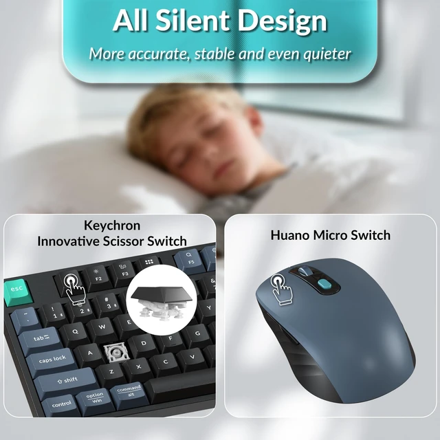 Alt view image 10 of 14 - Wireless Keyboard & Mouse Combo, 2.4 GHz/Bluetooth 5.2/Wired, 80% TKL Silent Portable Ergonomic Keyboard Adjustable DPI Mouse, Unifying Receiver for macOS Windows Linux