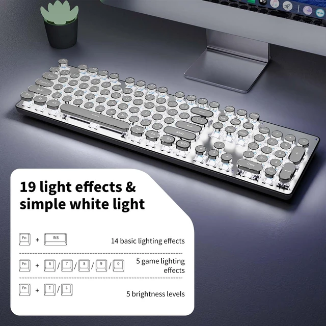 Alt view image 12 of 14 - Typewriter Keyboard Wireless Mechanical Keyboard, 104 Keys Aesthetic Typewriter Keyboards with White Backlit, Anti-Ghosting, Blue Switch Bluetooth/2.4GHz/Wired Keyboards-White