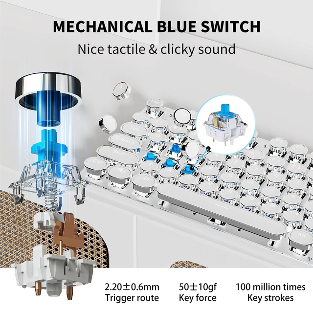Alt view image 13 of 14 - Typewriter Keyboard Wireless Mechanical Keyboard, 104 Keys Aesthetic Typewriter Keyboards with White Backlit, Anti-Ghosting, Blue Switch Bluetooth/2.4GHz/Wired Keyboards-White