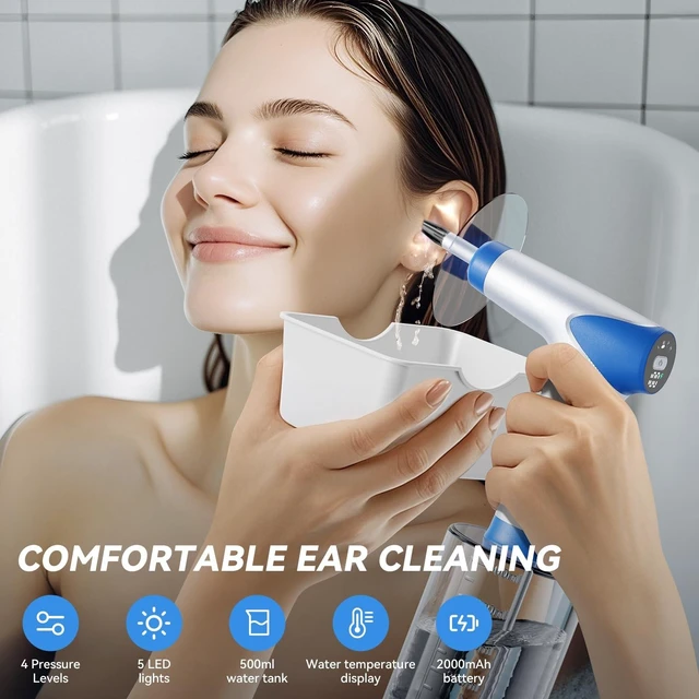 Alt view image 9 of 14 - Ear Wax Removal Kit, Electric Ear Cleaner, Ear Irrigation System | Real-time temperature display, 4 cleaning modes, 5 LED lights, 12 soft silicone tips, 2000mAh battery, 500ml Bottle