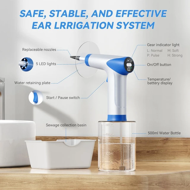 Alt view image 10 of 14 - Ear Wax Removal Kit, Electric Ear Cleaner, Ear Irrigation System | Real-time temperature display, 4 cleaning modes, 5 LED lights, 12 soft silicone tips, 2000mAh battery, 500ml Bottle