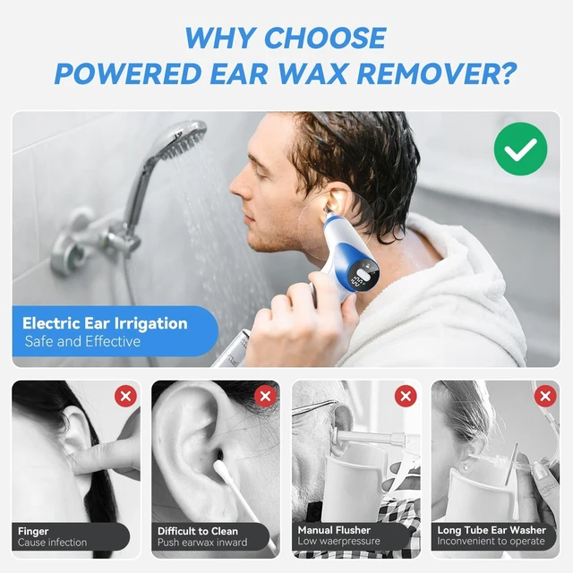 Alt view image 14 of 14 - Ear Wax Removal Kit, Electric Ear Cleaner, Ear Irrigation System | Real-time temperature display, 4 cleaning modes, 5 LED lights, 12 soft silicone tips, 2000mAh battery, 500ml Bottle