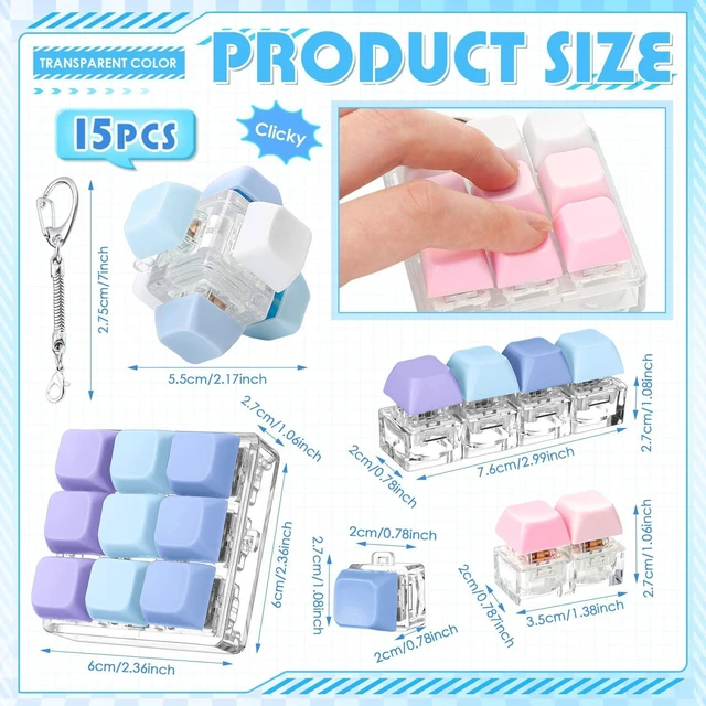 Alt view image 9 of 14 - Adult Keyboard Fidget Clicker in 5 Style, Keyboard Fidget Keychain Cube Mechanical Key Button Clicker Stress Relief Gift for Office Home Pass Time (Gradient Color)