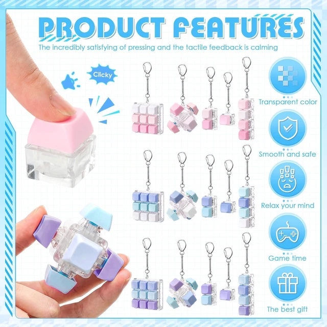 Alt view image 10 of 14 - Adult Keyboard Fidget Clicker in 5 Style, Keyboard Fidget Keychain Cube Mechanical Key Button Clicker Stress Relief Gift for Office Home Pass Time (Gradient Color)