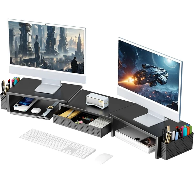 Alt view image 8 of 14 - Dual Monitor Stand Riser With Drawer and 2 Pen Holders | Desk Organizer and Accessories Computer Monitor Stand, Desk Shelf for Top of Desk (Black)