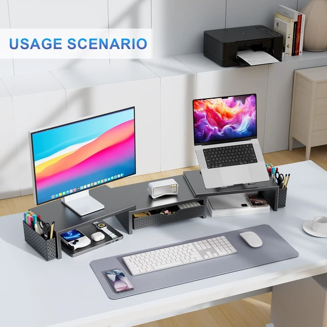 Alt view image 11 of 14 - Dual Monitor Stand Riser With Drawer and 2 Pen Holders | Desk Organizer and Accessories Computer Monitor Stand, Desk Shelf for Top of Desk (Black)