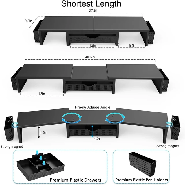 Alt view image 13 of 14 - Dual Monitor Stand Riser With Drawer and 2 Pen Holders | Desk Organizer and Accessories Computer Monitor Stand, Desk Shelf for Top of Desk (Black)