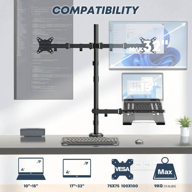 Alt view image 9 of 14 - Dual Monitor Stand and Laptop Mount, Fits 32" Monitor & 15" Laptops