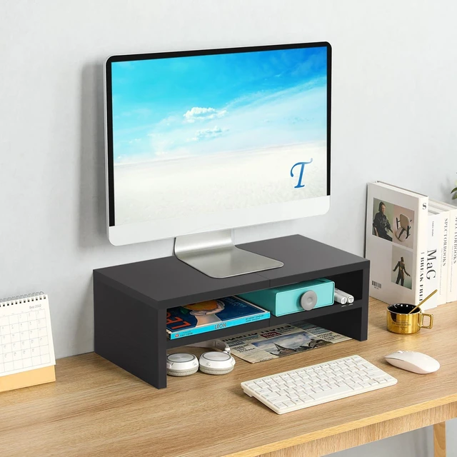 Alt view image 9 of 14 - inch Wood Monitor Riser Stand with Keyboard Storage2 Tiers Black