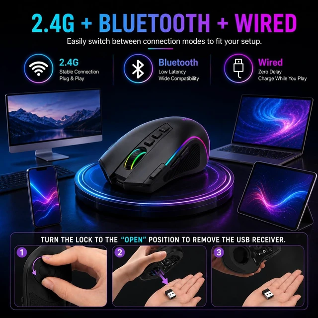 Alt view image 10 of 14 - Ergonomic Wireless Gaming Mouse, Tri-Mode, Rapid Fire Key, 8000 DPI