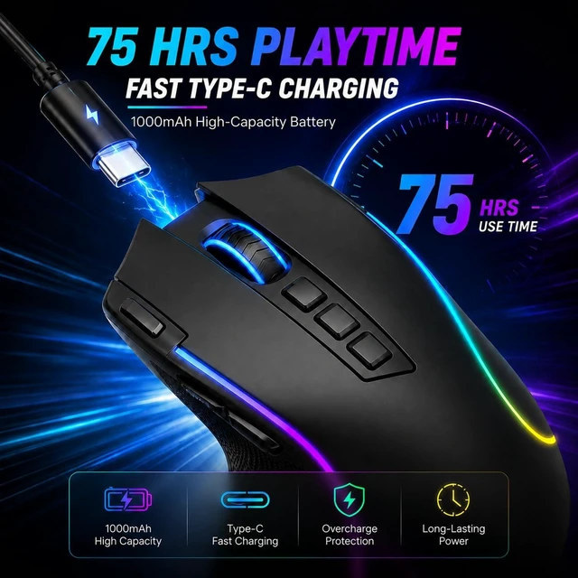 Alt view image 14 of 14 - Ergonomic Wireless Gaming Mouse, Tri-Mode, Rapid Fire Key, 8000 DPI