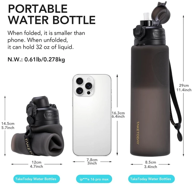 Alt view image 10 of 14 - Collapsible Water Bottles with Straw for International Travel, 32oz Black
