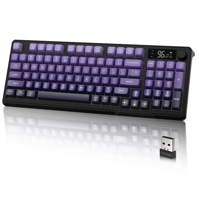 Alt view image 8 of 14 - Wireless Keyboard, Low Profile Quiet Typing Membrane Gaming Keyboard with Smart Display & Knob, RGB Backlit, USB C Rechargeable, 94 Keys PBT Keycap for Windows PC,Mac,Linux-Grape Purple