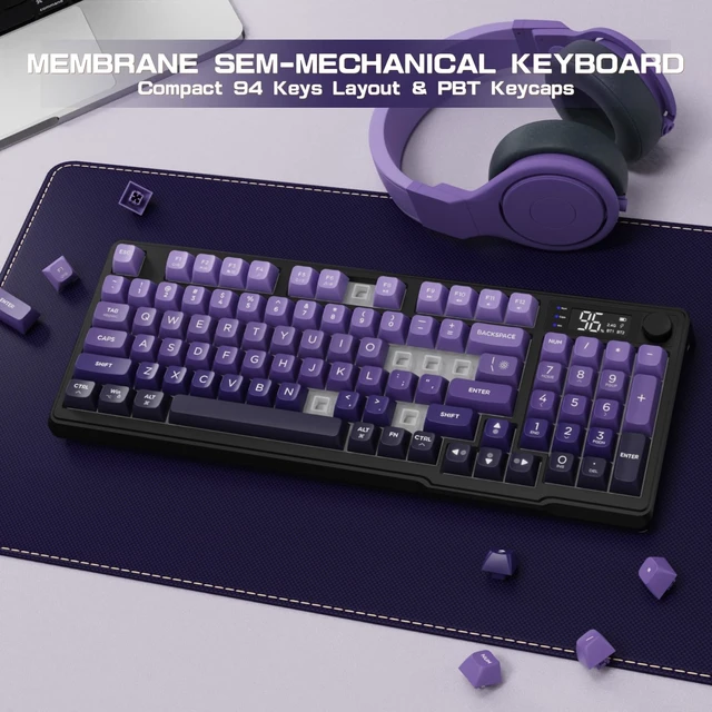 Alt view image 12 of 14 - Wireless Keyboard, Low Profile Quiet Typing Membrane Gaming Keyboard with Smart Display & Knob, RGB Backlit, USB C Rechargeable, 94 Keys PBT Keycap for Windows PC,Mac,Linux-Grape Purple