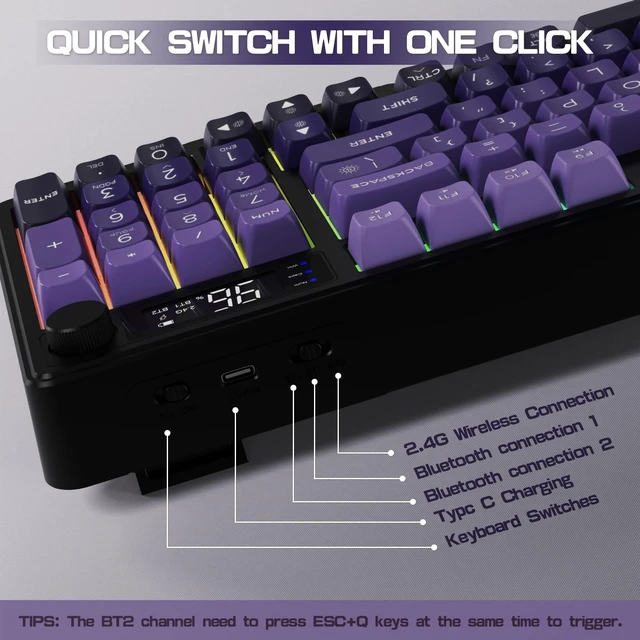 Alt view image 14 of 14 - Wireless Keyboard, Low Profile Quiet Typing Membrane Gaming Keyboard with Smart Display & Knob, RGB Backlit, USB C Rechargeable, 94 Keys PBT Keycap for Windows PC,Mac,Linux-Grape Purple