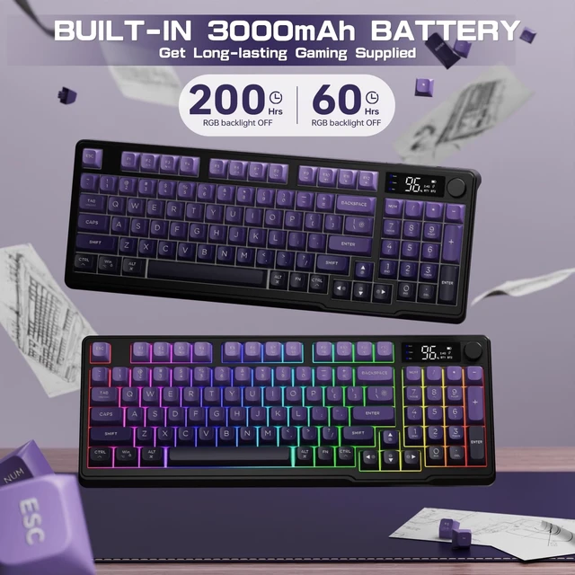 Alt view image 13 of 14 - Wireless Keyboard, Low Profile Quiet Typing Membrane Gaming Keyboard with Smart Display & Knob, RGB Backlit, USB C Rechargeable, 94 Keys PBT Keycap for Windows PC,Mac,Linux-Grape Purple