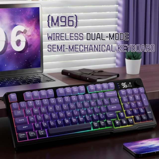 Alt view image 9 of 14 - Wireless Keyboard, Low Profile Quiet Typing Membrane Gaming Keyboard with Smart Display & Knob, RGB Backlit, USB C Rechargeable, 94 Keys PBT Keycap for Windows PC,Mac,Linux-Grape Purple