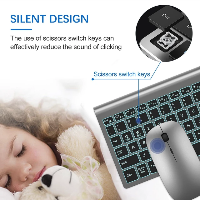 Alt view image 8 of 12 - Wireless Backlit Keyboard and Mouse Ultra Slim Combo, 2.4G Silent Compact 2400DPI Mouse and Scissor Switch Keyboard Set, Batteries Included, for PC/Laptop/Windows/Mac/Gaming - BL Gray Black