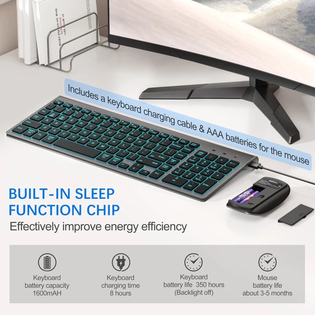 Alt view image 11 of 12 - Wireless Backlit Keyboard and Mouse Ultra Slim Combo, 2.4G Silent Compact 2400DPI Mouse and Scissor Switch Keyboard Set, Batteries Included, for PC/Laptop/Windows/Mac/Gaming - BL Gray Black